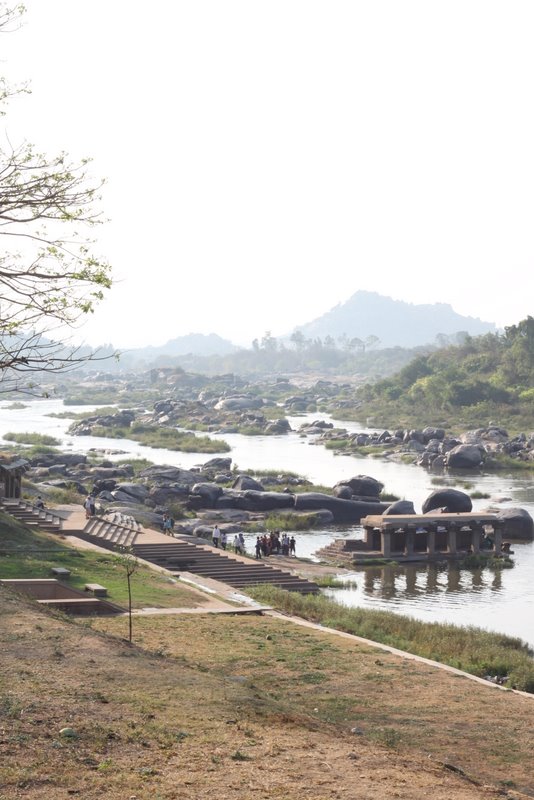 The Tungabhadra river. The building in the middle is the spot where the boat lands.
